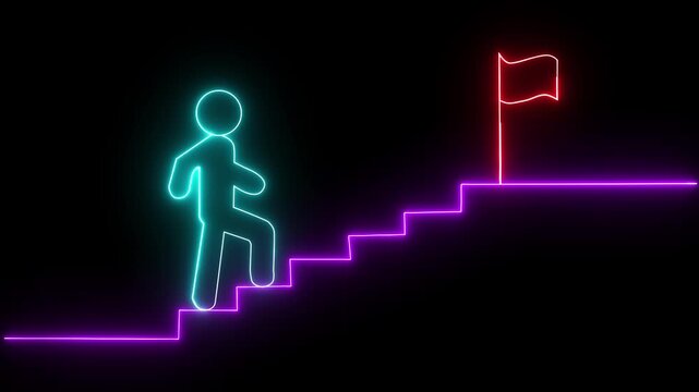 Neon icon of a person climbing stairs with Flag And black background.4k animation video.