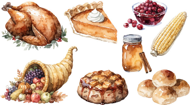 Thanksgiving Food Watercolor Collection &ndash; Turkey, Pie, Cornucopia, Jam and Apple Clipart Set