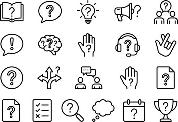 Fototapeta premium Question and Help Vector Icon Set Featuring FAQ, Support, Idea, Brain, Speech Bubble, Checklist, Magnifying Glass, Calendar, and Trophy Illustrations for Customer Service and Education