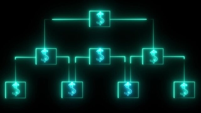Al tools or neon box Dollar .Glowing neon line Business hierarchy monogram chart animation.on black background.Abstract Digital Network motion graphic.