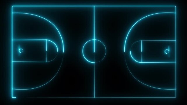 Animated neon Cyan basketball court lines glowing on a Black background, perfect for sports broadcasts or motion graphics, abstract digital recreation of a game space, with 4k animation.