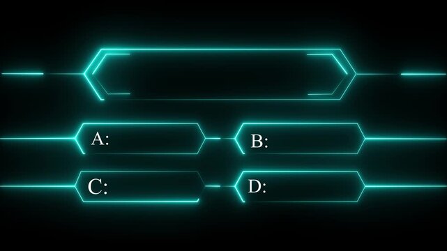 Abstract Cyan neon graphic equalizer bars with option choices a b c d and a central long bar for quiz shows or contests as a looping .