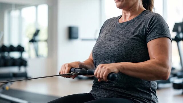 Obese person exercising with determination and strength on rowing machine in gym wearing dark gray shirt during intense workout fitness session indoors