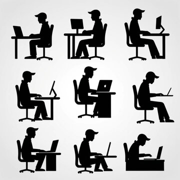 &lrm;Set of 6 modern minimalist programmer logo icons, black silhouette style, minimal detail, high contrast black on white background, vector illustration