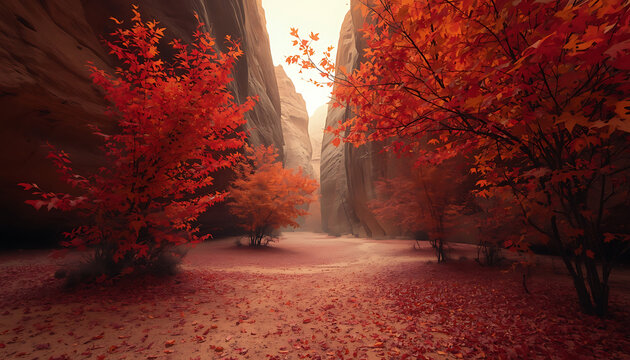 Misty forest path with vibrant red and orange autumn leaves in canyon
