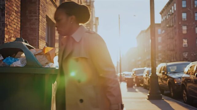 Black woman dumps bag into dumpster on sunlit city street, wearing trench coat, rushed commuter pauses to discard lunch waste into overflowing bin, golden hour sunlight creates lens flare, parked cars