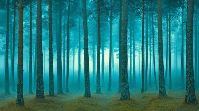 Misty pine forest, tranquil scene, nature background, website banner