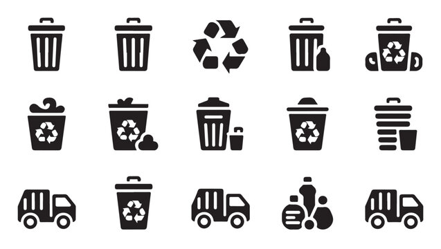 Modern collection of trash bin and waste collection vector icons on transparent background.