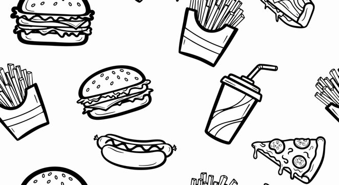 Seamless pattern with fast food sketches in black and white.