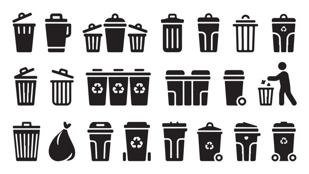 Trash can garbage bin icon set, recycling container, person throwing waste, full bin.