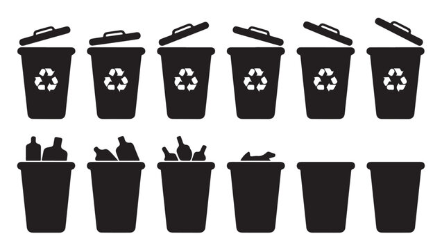 Recycling bins and containers for different types of waste and trash disposal vector graphics.