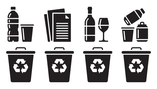 Waste and recycling icons with bottles papers trash cans and solar panels for eco friendly living.