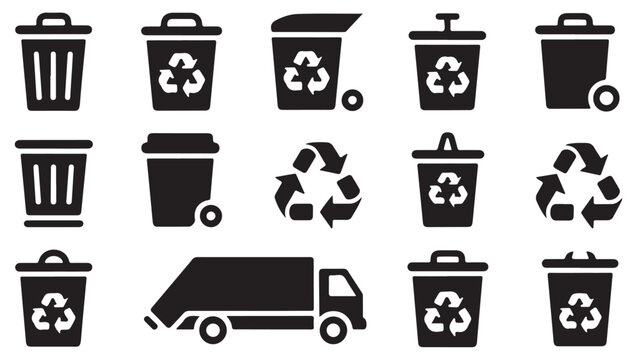 Set of black trash can, recycle bin and garbage truck icons on white background.