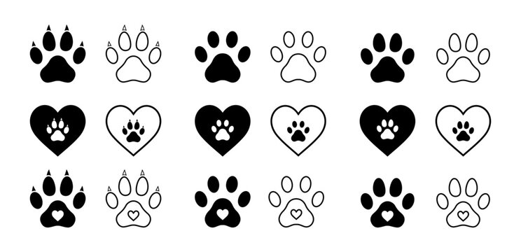 Cute paw print icon set with unique dog and cat paw designs, filled and outline animal footprint symbols with heart details isolated on transparent background.