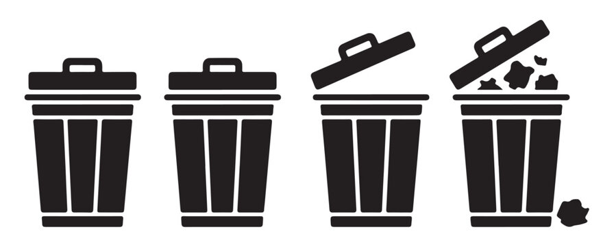 Trash can with lid open and full of rubbish vector icons set isolated on white background.