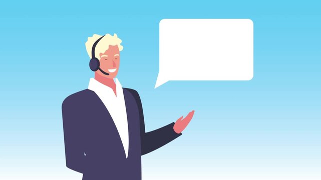 Professional male customer service representative with headset communicating via speech bubble in dynamic animation.