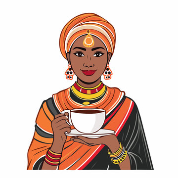 Woman in Traditional Attire Holding a Coffee Cup