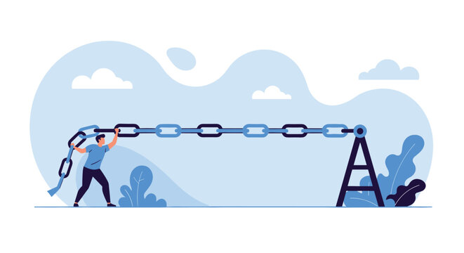 Strong man pulling a heavy chain connected to a metal structure representing teamwork, strength, resilience, and industrial connection.
