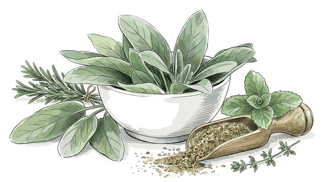 Assorted fresh green herbs in bowl with mortar and scoop hand drawn sketch vector isolated on transparent ground.