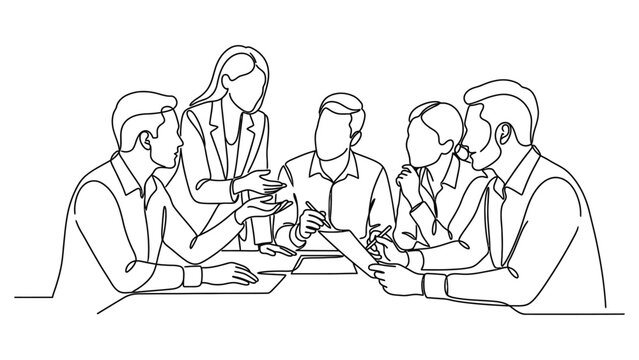 Continuous line drawing of business team meeting.