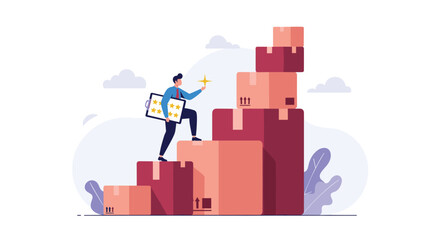 Naklejka premium Man climbing a staircase made of boxes while holding a star and a five-star rating board representing quality control and satisfaction.