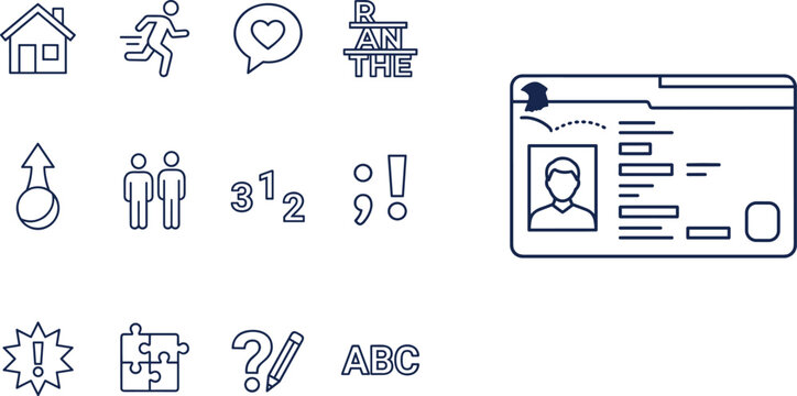 User Interface and Identification Icon Set Featuring Profile Card Navigation Education and Communication Symbols for Digital Applications