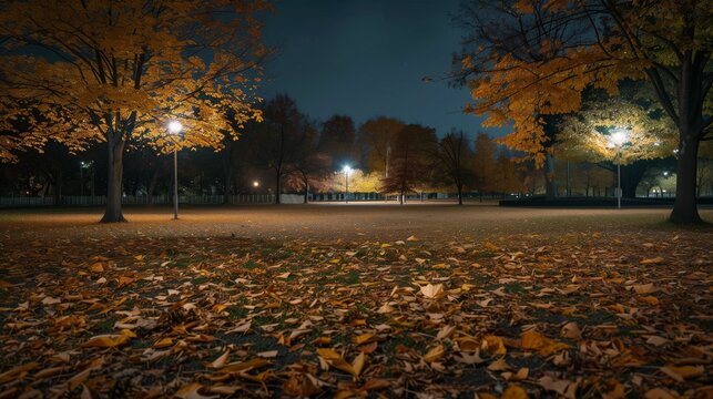 Night autumn park with fallen leaves, trees, lights, and open ground