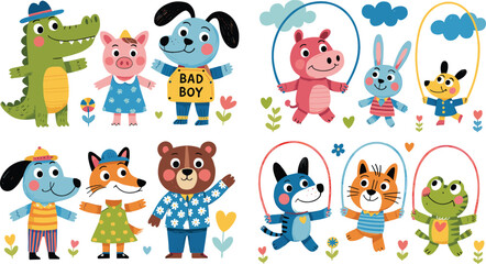 Cute cartoon animal sticker set with happy characters skipping rope and wearing clothes for children design isolated on white background © ovi