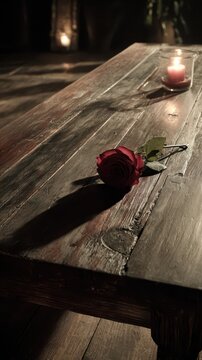 Rustic wooden table with a red rose and candles.
