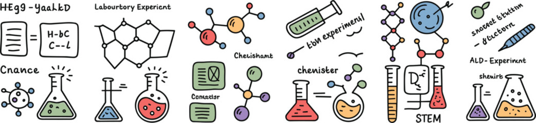 Hand drawn chemistry science doodle set with laboratory equipment molecules formulas and STEM education vector illustration © MstKhyrun