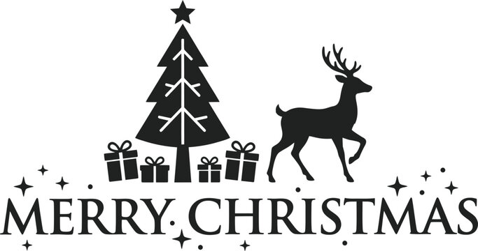 Black silhouette of christmas tree, reindeer, and gifts on white background with merry christmas text