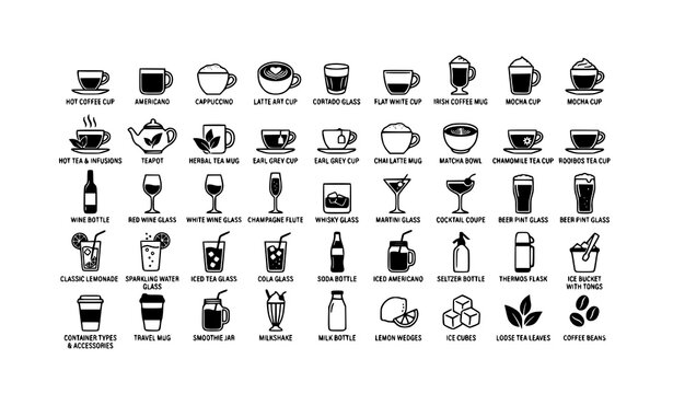 Sleek monochrome beverage vector set with hot cold drinks glasses and bottle icons