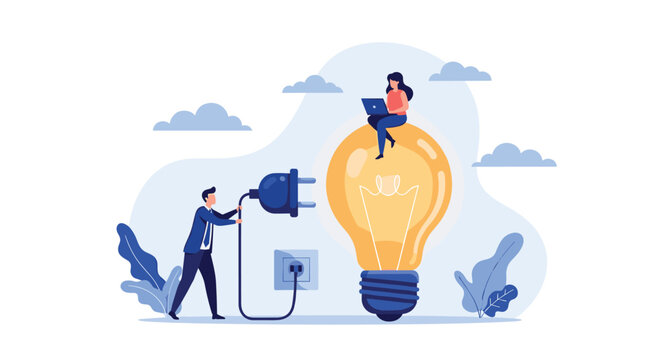Businessman plugs in a giant light bulb with a woman sitting on top, symbolizing the implementation and powering of new creative concepts.
