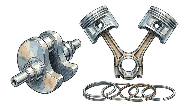 Engine crankshaft pistons and piston rings isolated on transparent background mechanical automotive parts.