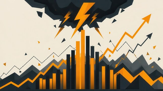 Tense financial bar graphs rising vertically towards a storm representing market volatility, economic instability, and high stakes growth in the global business landscape during the year 2026.