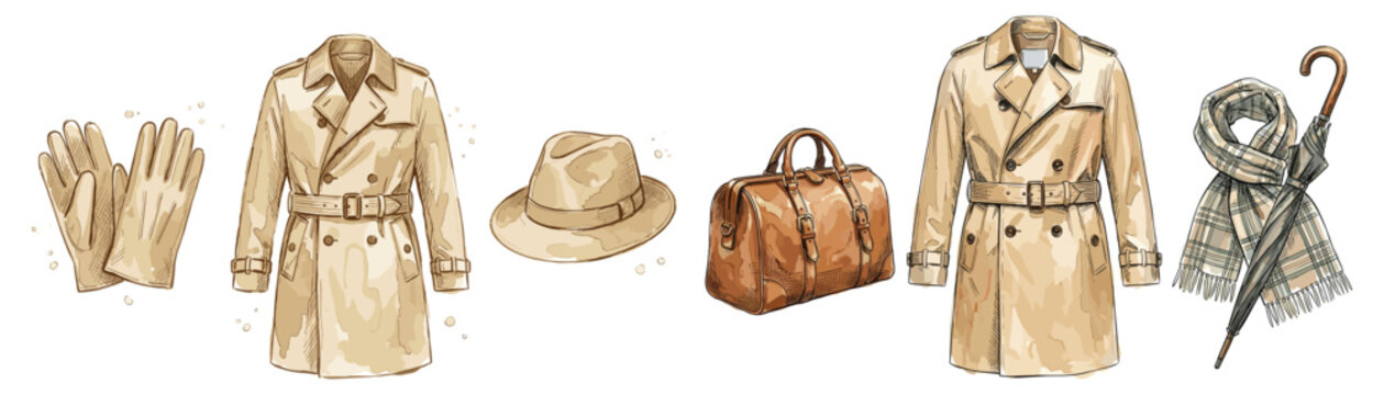 Trench coat clothing set including leather gloves fedora hat travel bag umbrella and scarf for formal style.