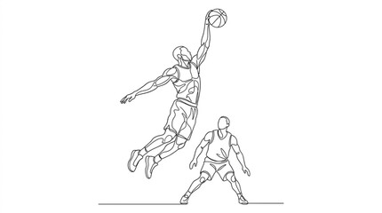 Basketball players vector illustration in black-and-white line art with slam dunk and defense action for sports, athletic, and basketball-themed icons © MdMokles