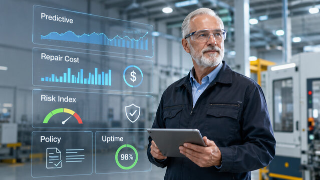 Senior Industrial Engineer Using Tablet with Predictive Maintenance Digital Interface in Factory