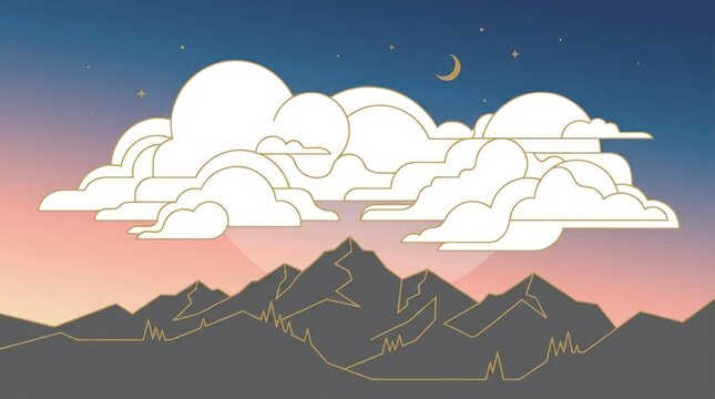 Stylized mountain range and cloudscape with night sky illustration