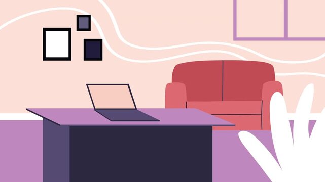 Minimalist living room animation with home office desk and modern sofa furniture setup.