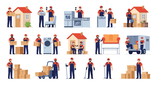 Large set of illustrations features professional movers and delivery staff handling furniture, boxes, and household appliances for a move.