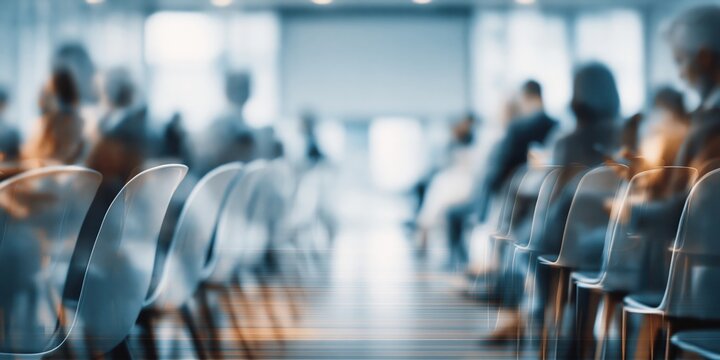 Blurred audience seated in a modern conference room, ready for a presentation or event
