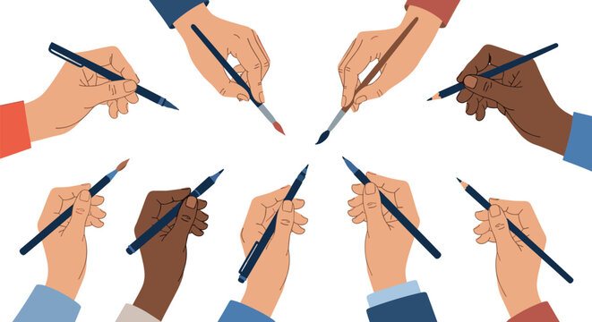 Diverse group of hands hold various artistic tools like pens, pencils, and brushes pointing toward the center to represent creative unity.