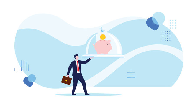 Professional man in a suit carrying a silver platter with a piggy bank under a glass dome representing premium financial services and savings.