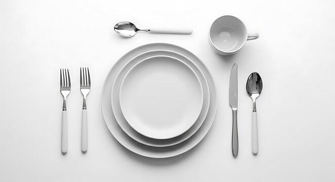 Table setting with white plates and cutlery arrangement overhead view on clean background.