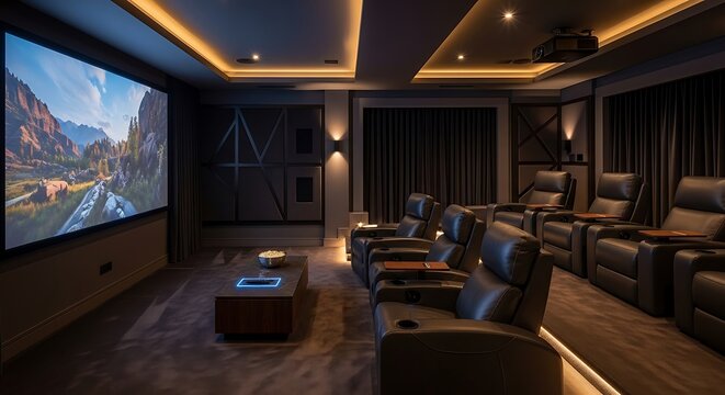 Home theater room with luxury leather recliners and large projection screen movie display.