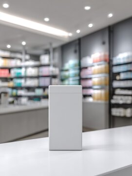 Blank White Product Box Mockup on Counter in Modern Pharmacy or Retail Store Aisles