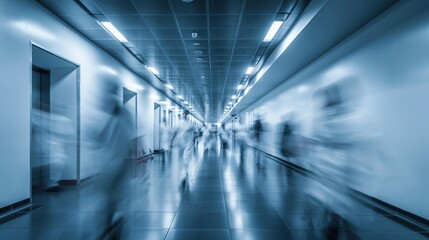 Obraz premium Blurry motion of people walking down a modern, brightly lit, long, blue-toned corporate hallway