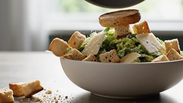Fresh romaine lettuce, crunchy croutons, and parmesan cheese slices fall into a white bowl for a healthy Caesar salad.