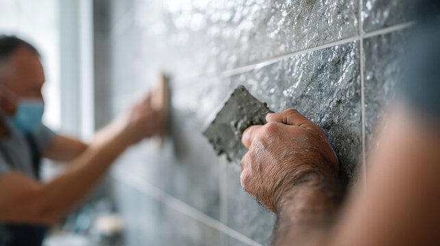 Tiler Applying Cement Mortar to Ceramic Wall Tiles for Home Renovation Project